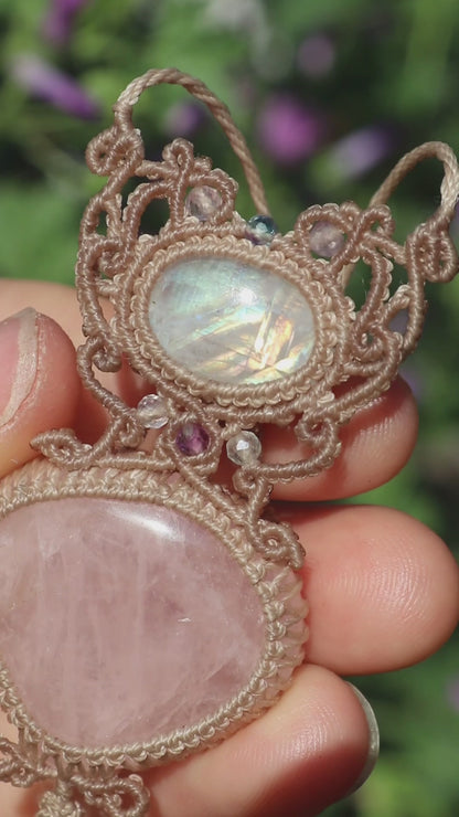 Pendentif en quartz rose et pierre de lune avec goutte d'aigue-marine
