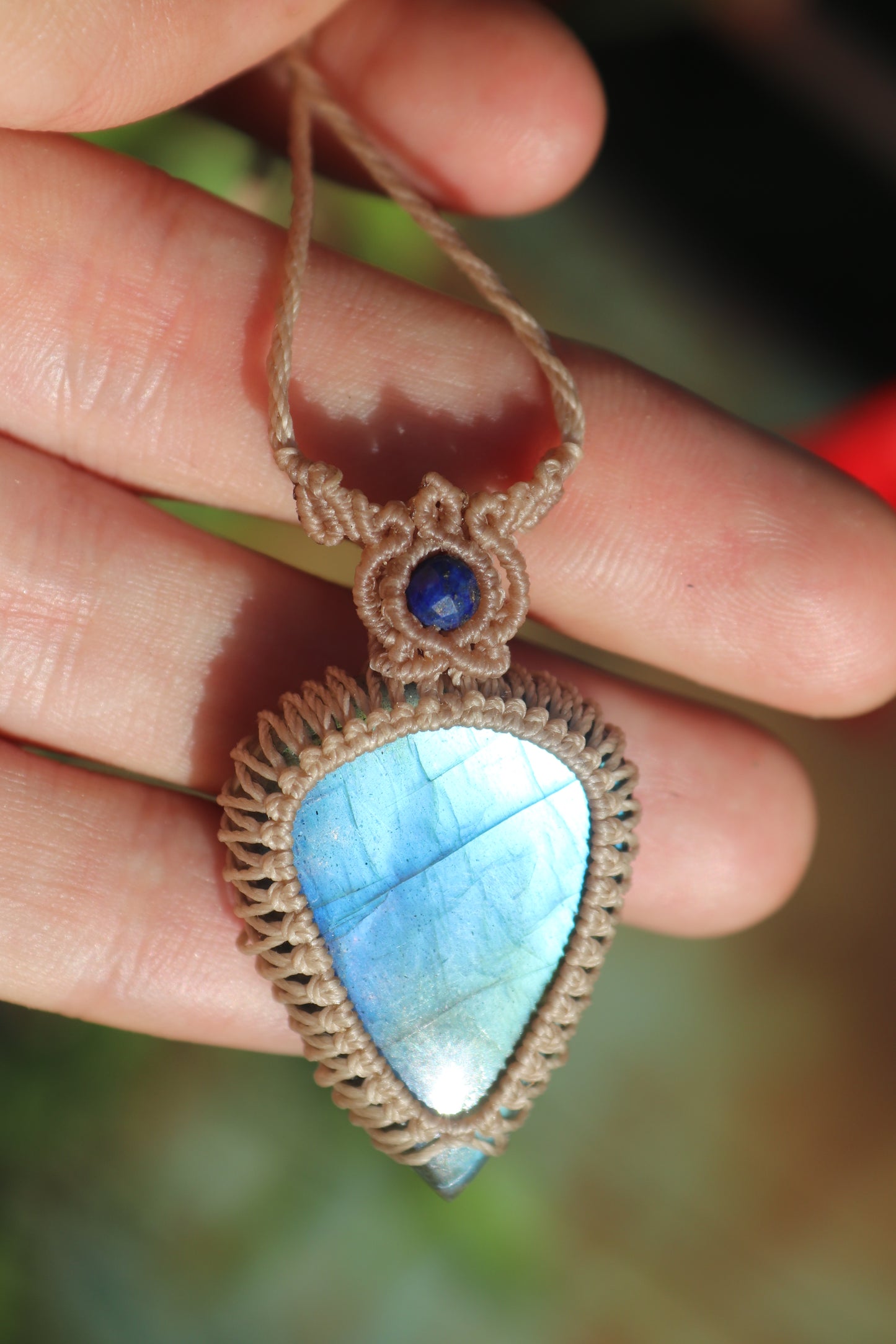 Clean sky blue Labradorite pendant with lapis lazuli beads