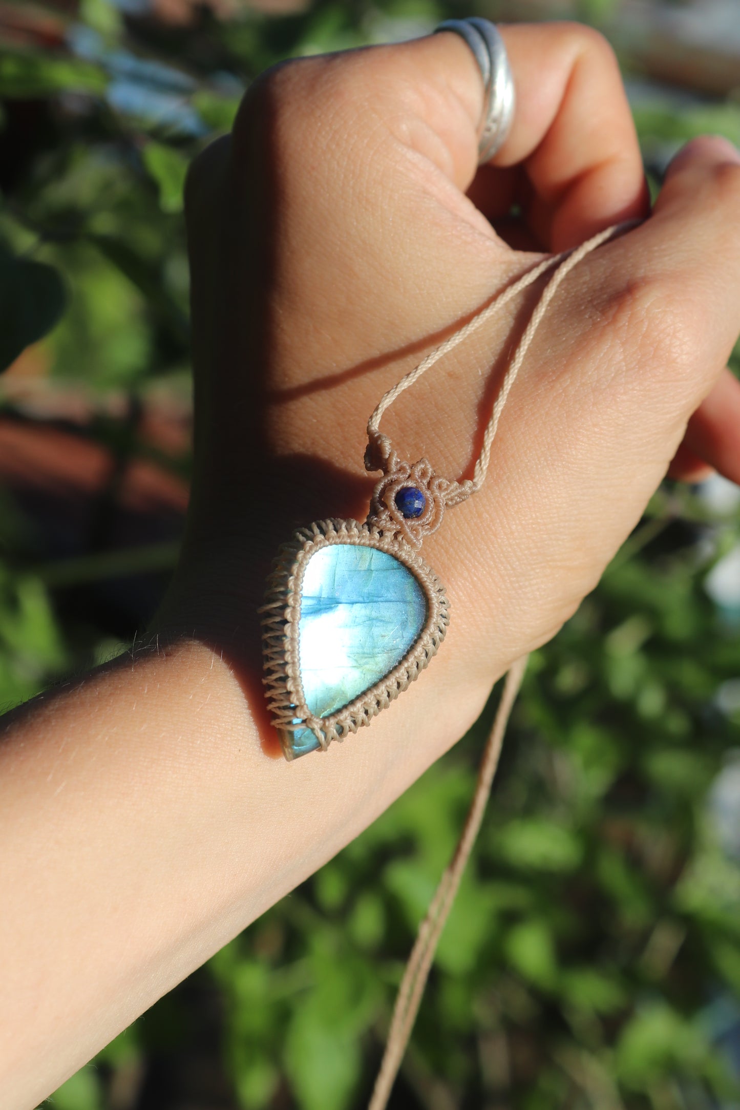 Clean sky blue Labradorite pendant with lapis lazuli beads