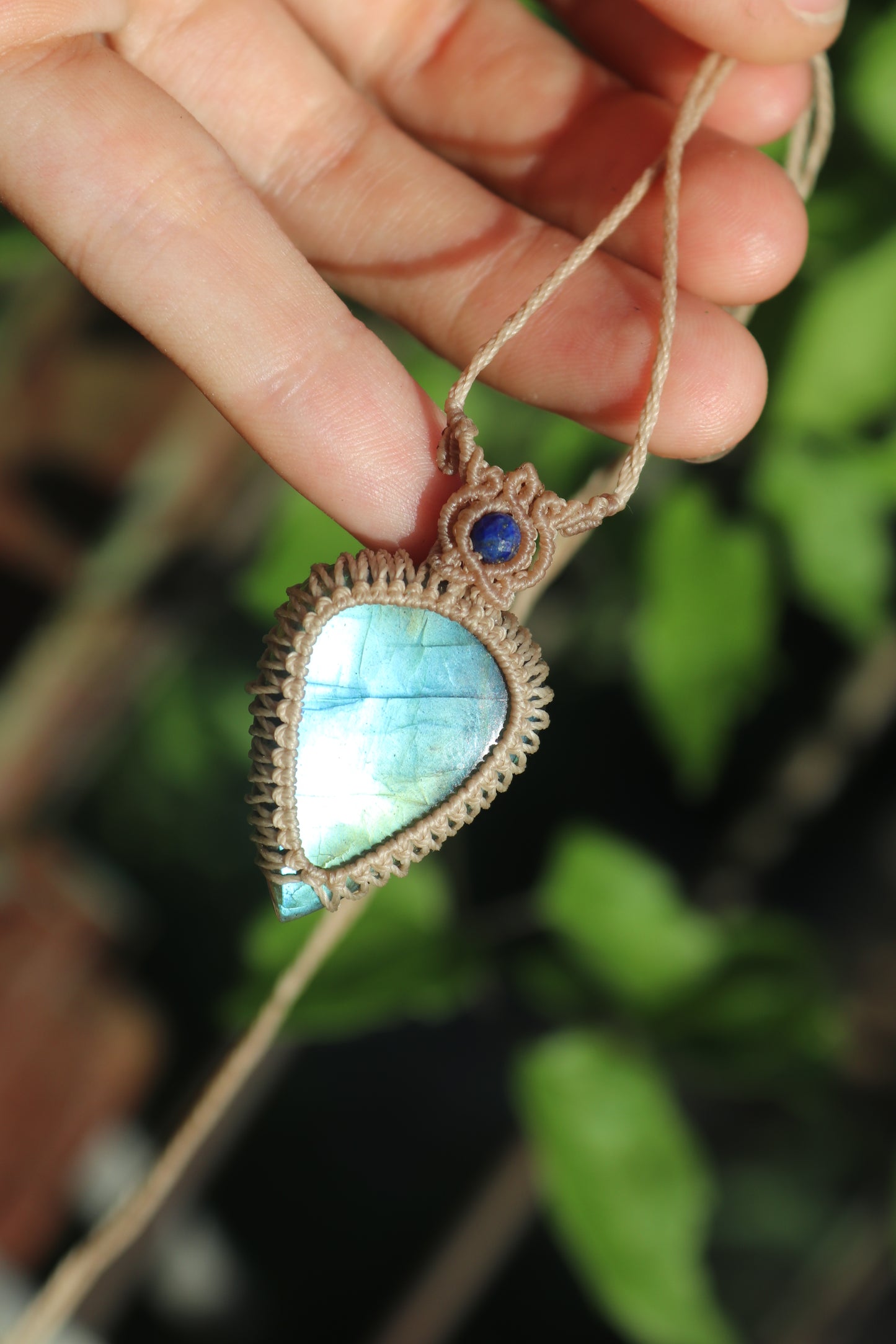 Clean sky blue Labradorite pendant with lapis lazuli beads