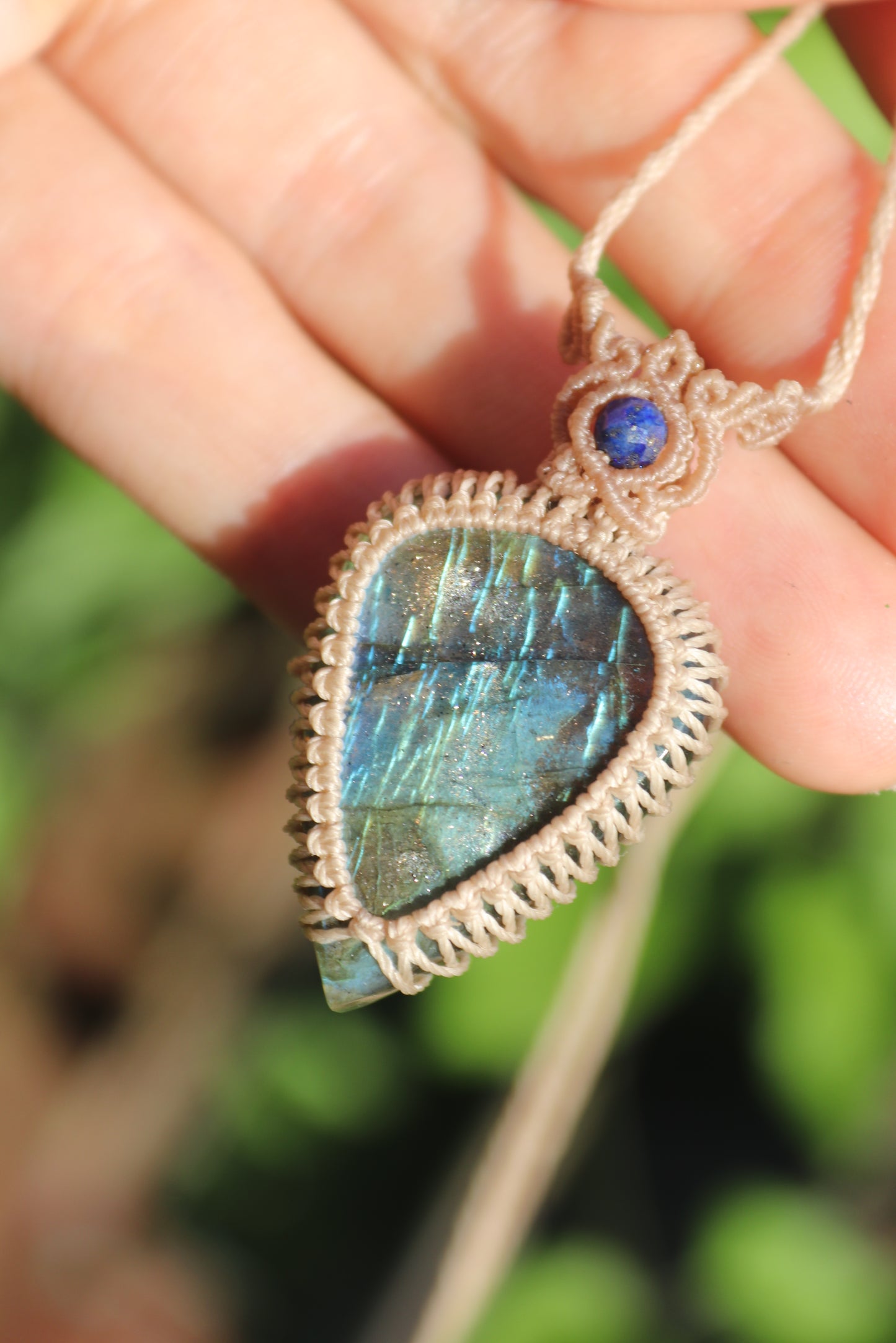 Clean sky blue Labradorite pendant with lapis lazuli beads